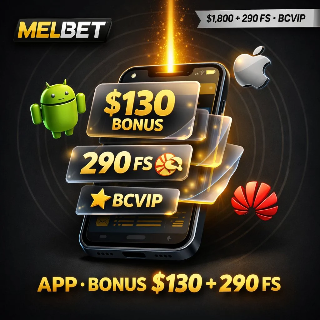 Melbet app smartphone floating UI layers notifications dark background