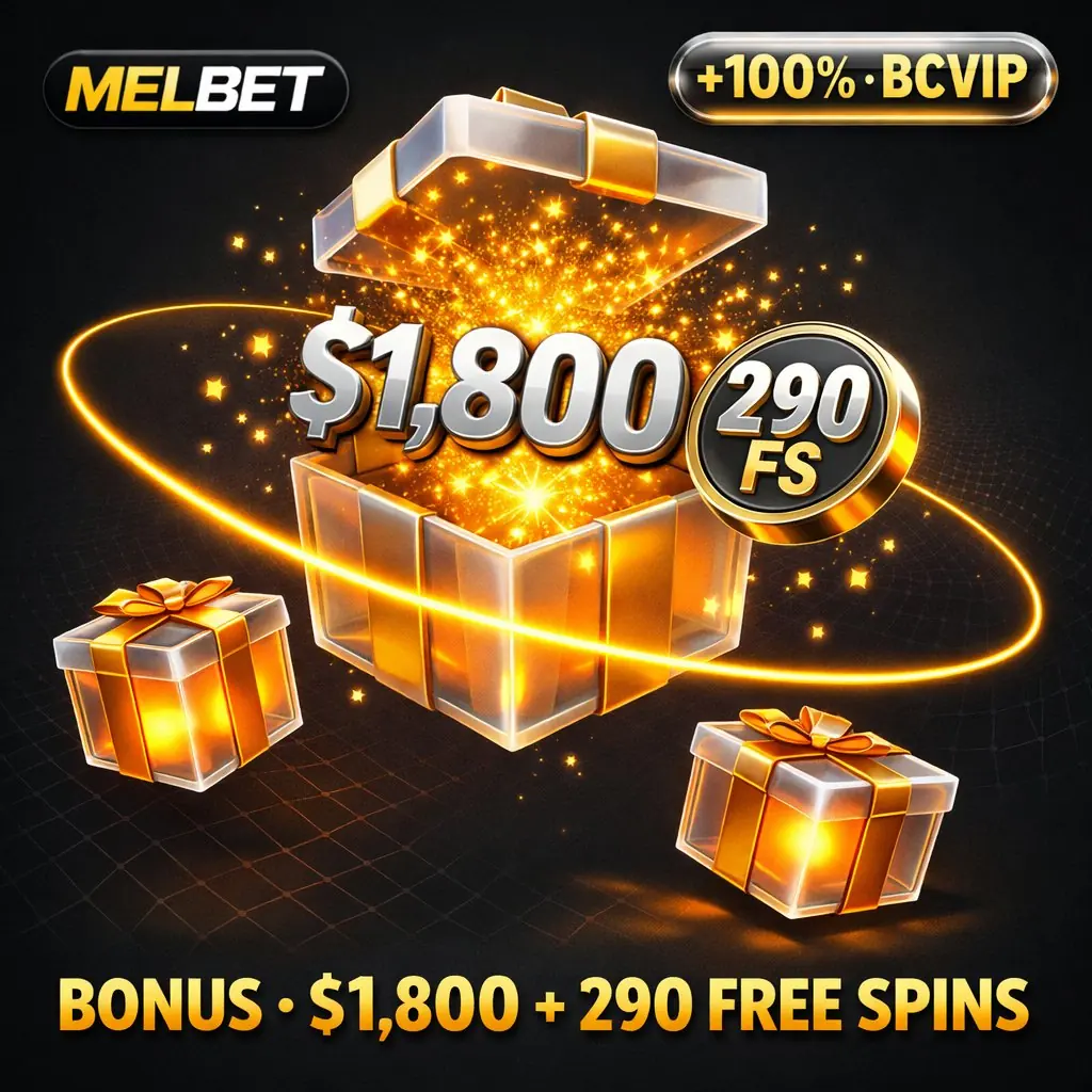 Melbet bonus holographic gift boxes neon glow floating 1800 dark background