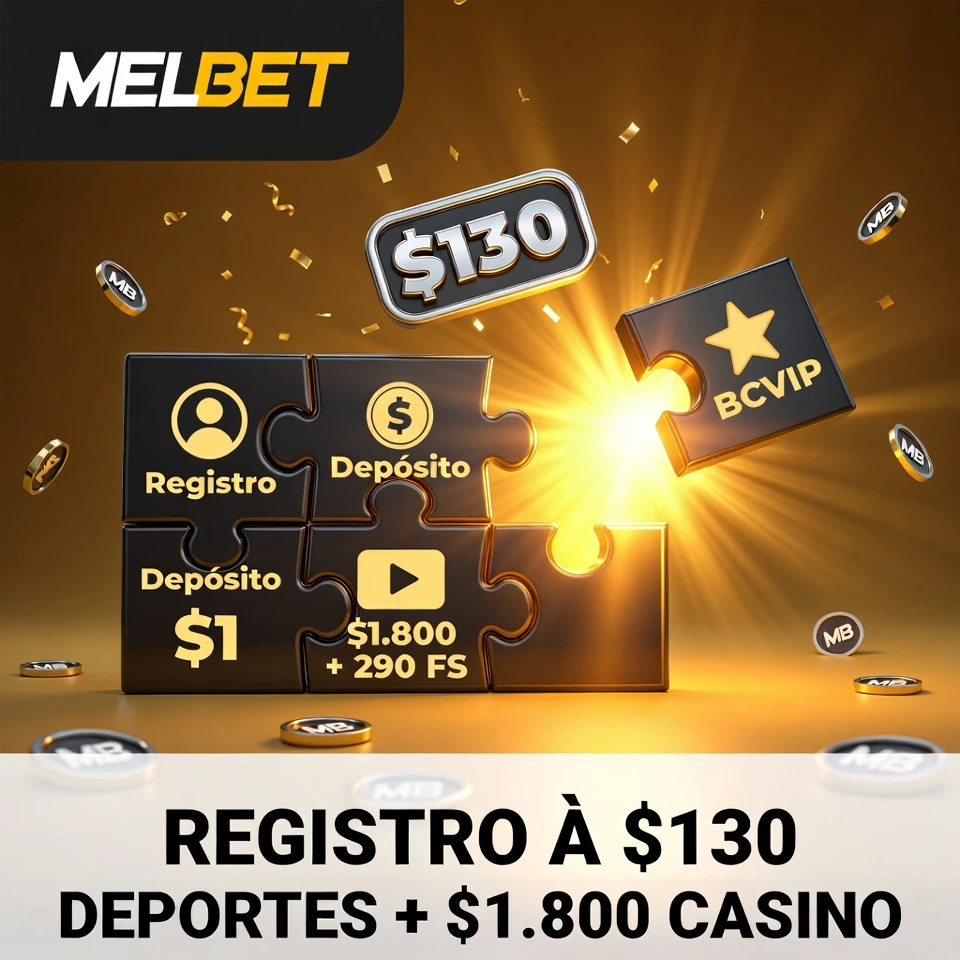 Melbet registro rompecabezas piezas ensamblándose recompensas flotantes fondo dorado