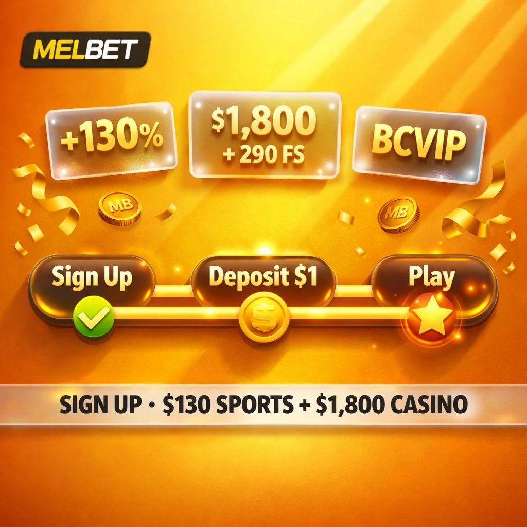 Melbet registration multi-step progress bar floating rewards golden background