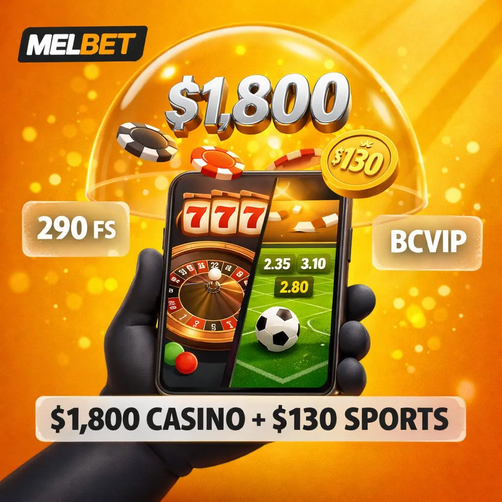 Melbet mobile split screen sports casino AR projection golden background