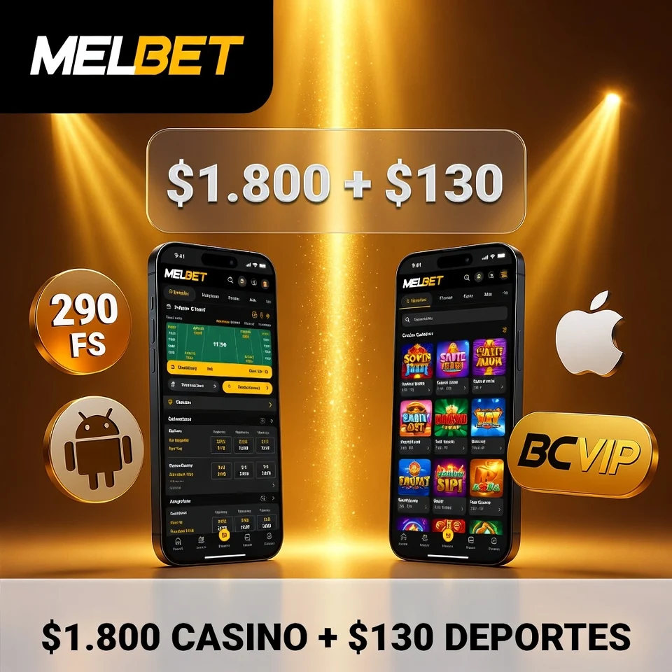 Melbet movil dos teléfonos espejo Android iOS luz compartida fondo dorado