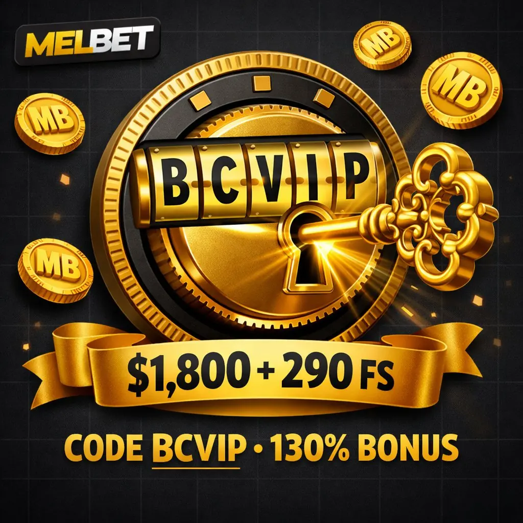 Melbet promo code BCVIP holographic terminal unlock golden dark background